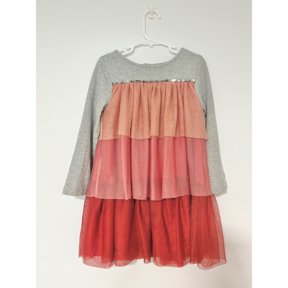 Mini Boden Girls 4-5Y Grey Pink Red Tiered Tulle Sequin Long Sleeve Dress G0678